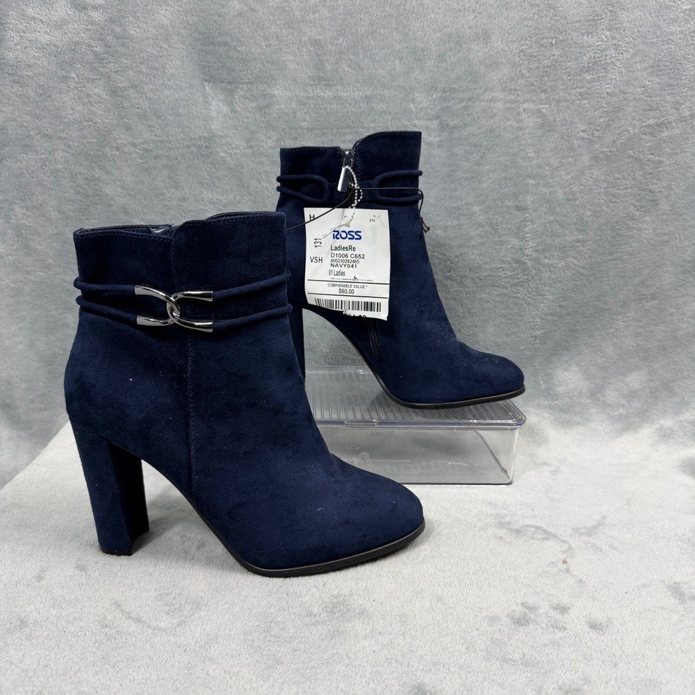 Impo Womens 8.5 Navy Blue Ankle Boots Block Heel Suede Buckle Office Siren Boho